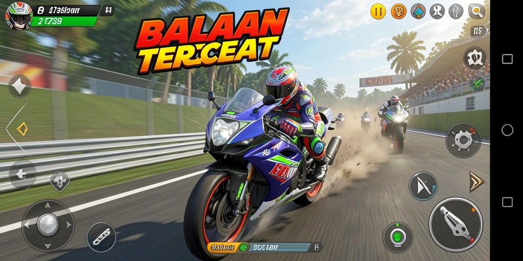 Screenshot menunjukkan balapan motor yang mendebarkan di lintasan.