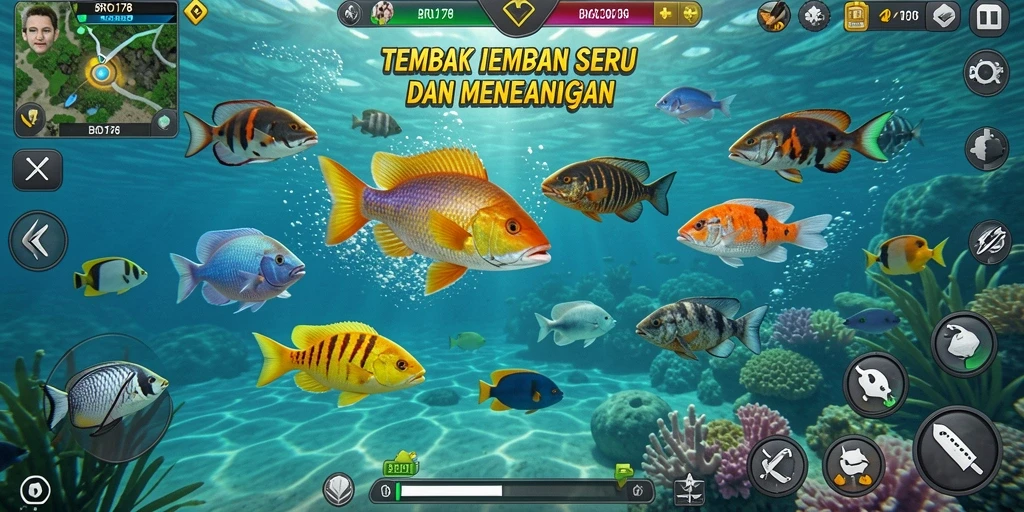 Tampilan bermain BRO178 yang seru dengan ikan beragam dan senjata menarik.