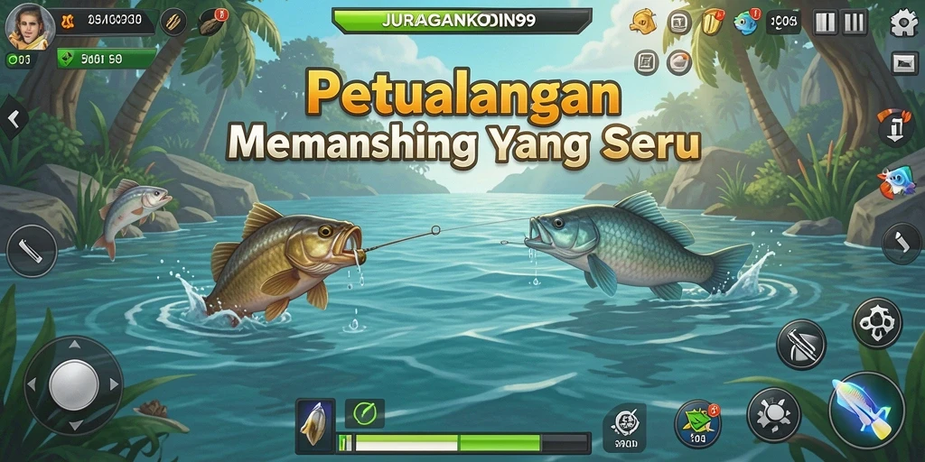 Screenshot gameplay JURAGANKOIN99 menampilkan serunya memancing di pantai.
