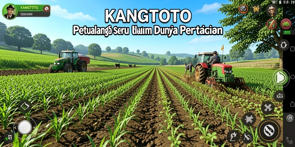 Screenshot gameplay KANGTOTO yang menunjukkan lahan pertanian yang hijau.