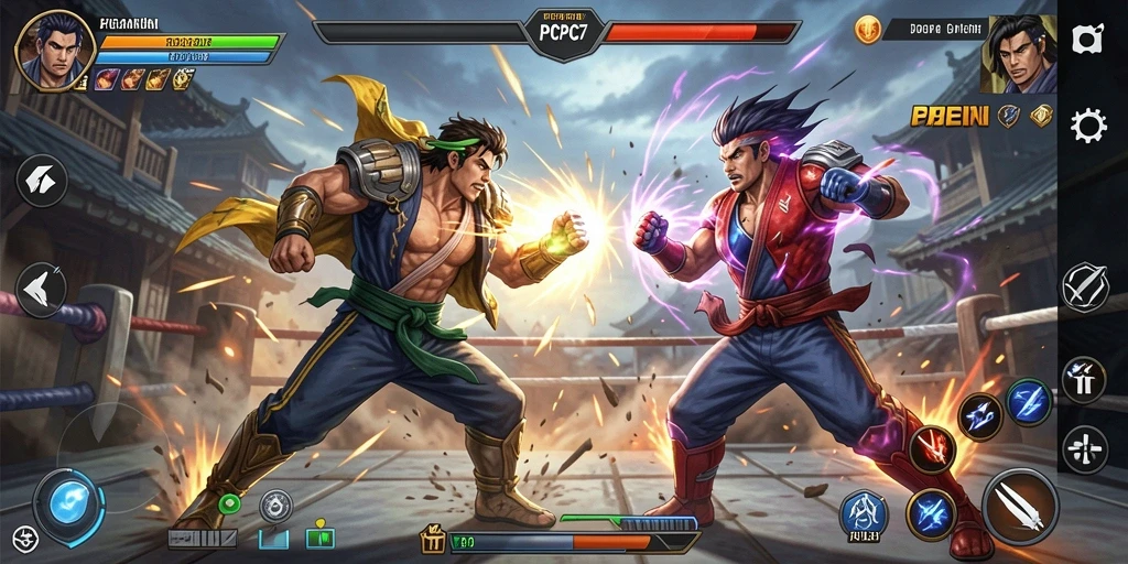 Tampilan gameplay menegangkan dalam PCPC7 dengan karakter bertarung.
