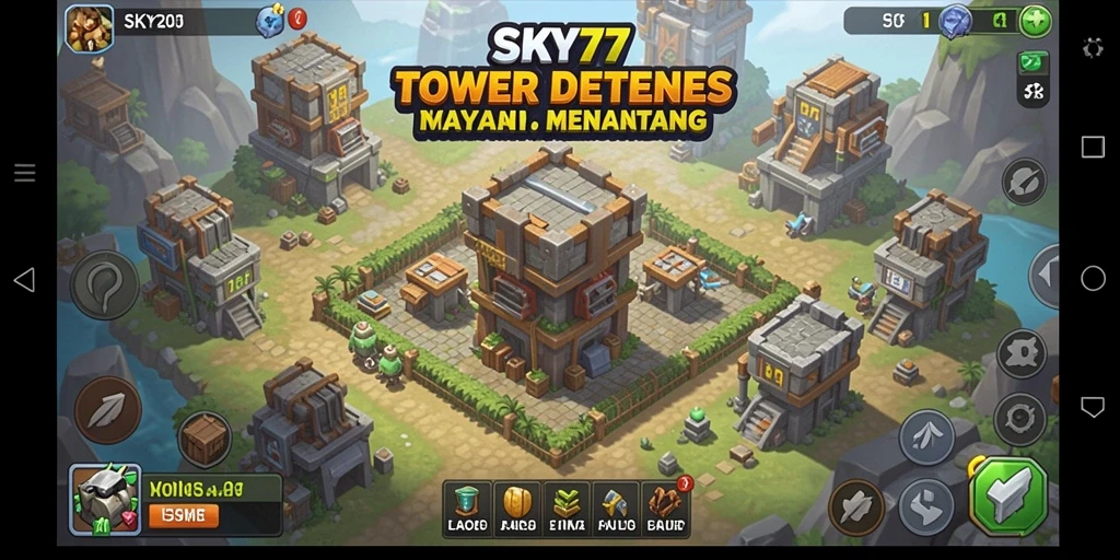 Screenshot gameplay SKY77 dengan pertahanan tower yang epik.
